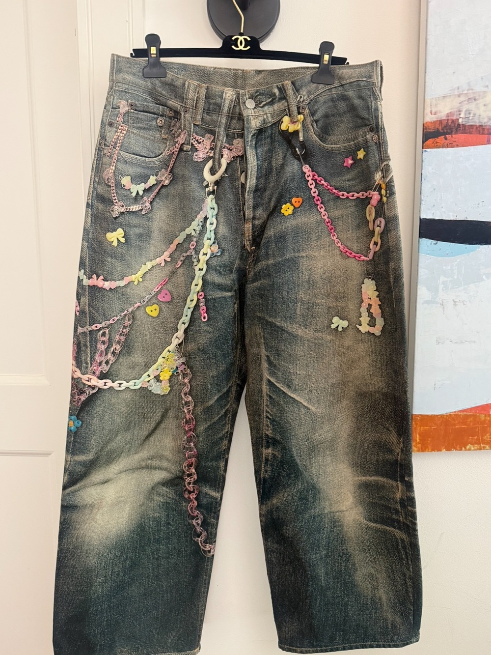 Acne Straight Leg Jeans with Pastel Chain Embellishments - Blue